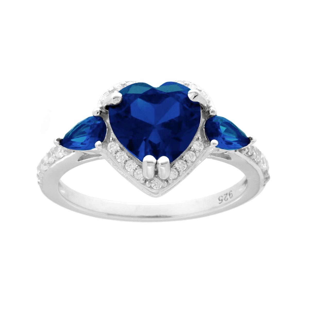 Ring mit blauem Herz-Saphir, umrandet von weißen Cubic Zirconia, aus 925er Silber, galvanisch rhodiniert - MeinSchmuckShop