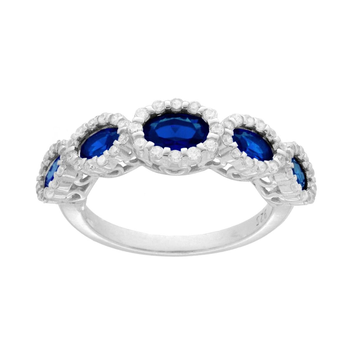 Veretta-Ring mit ovalen blauen Saphiren, die von weißen Cubic Zirconia umrahmt sind, aus 925er Silber, galvanisch rhodiniert. - MeinSchmuckShop