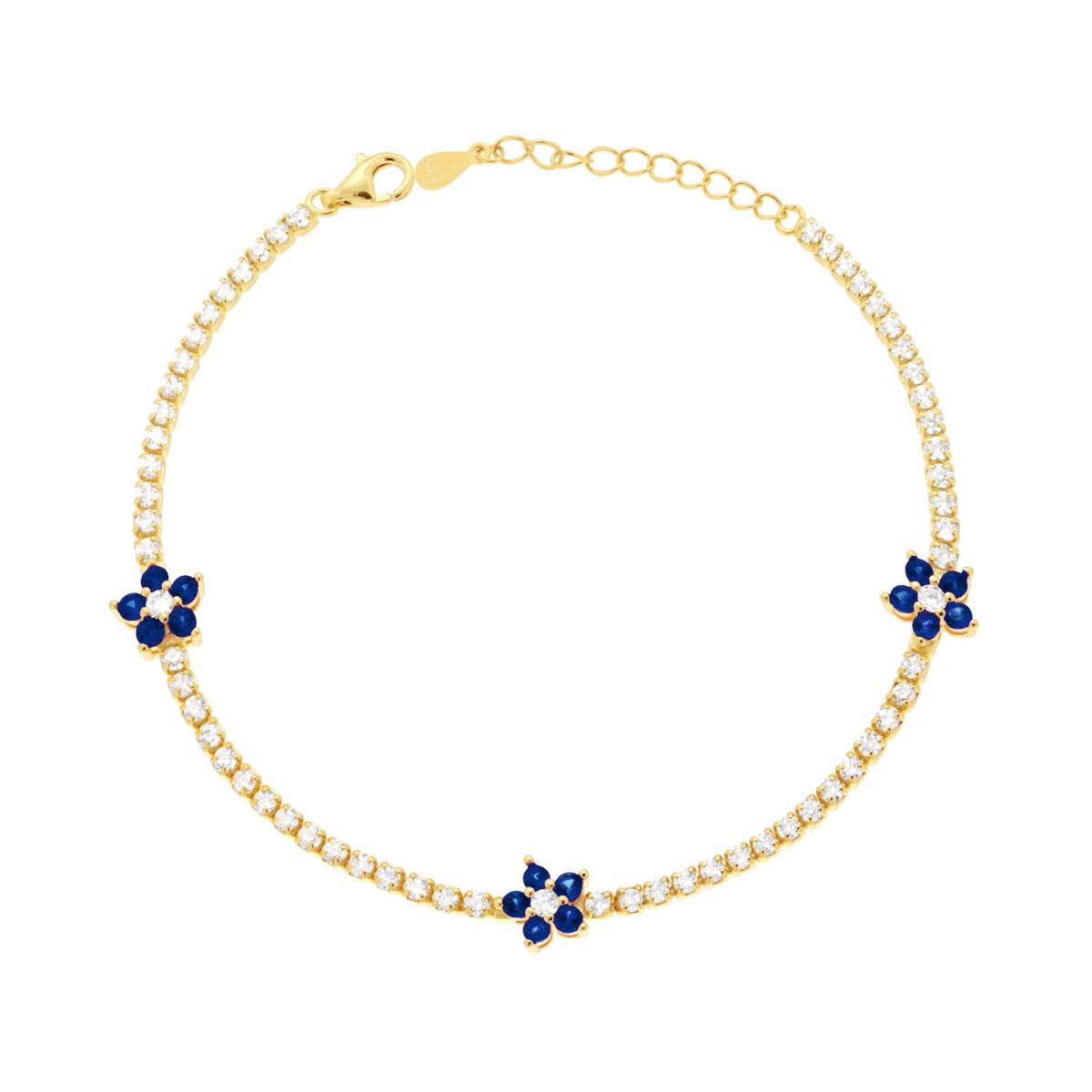 Tennisarmband mit Krappenfassung, Länge 17+3 cm, mit weißen Cubic Zirconia und Blüten, mit blauem Cubic Zirconia Saphir, aus 925er Silber, Gold galvanisiert - MeinSchmuckShop