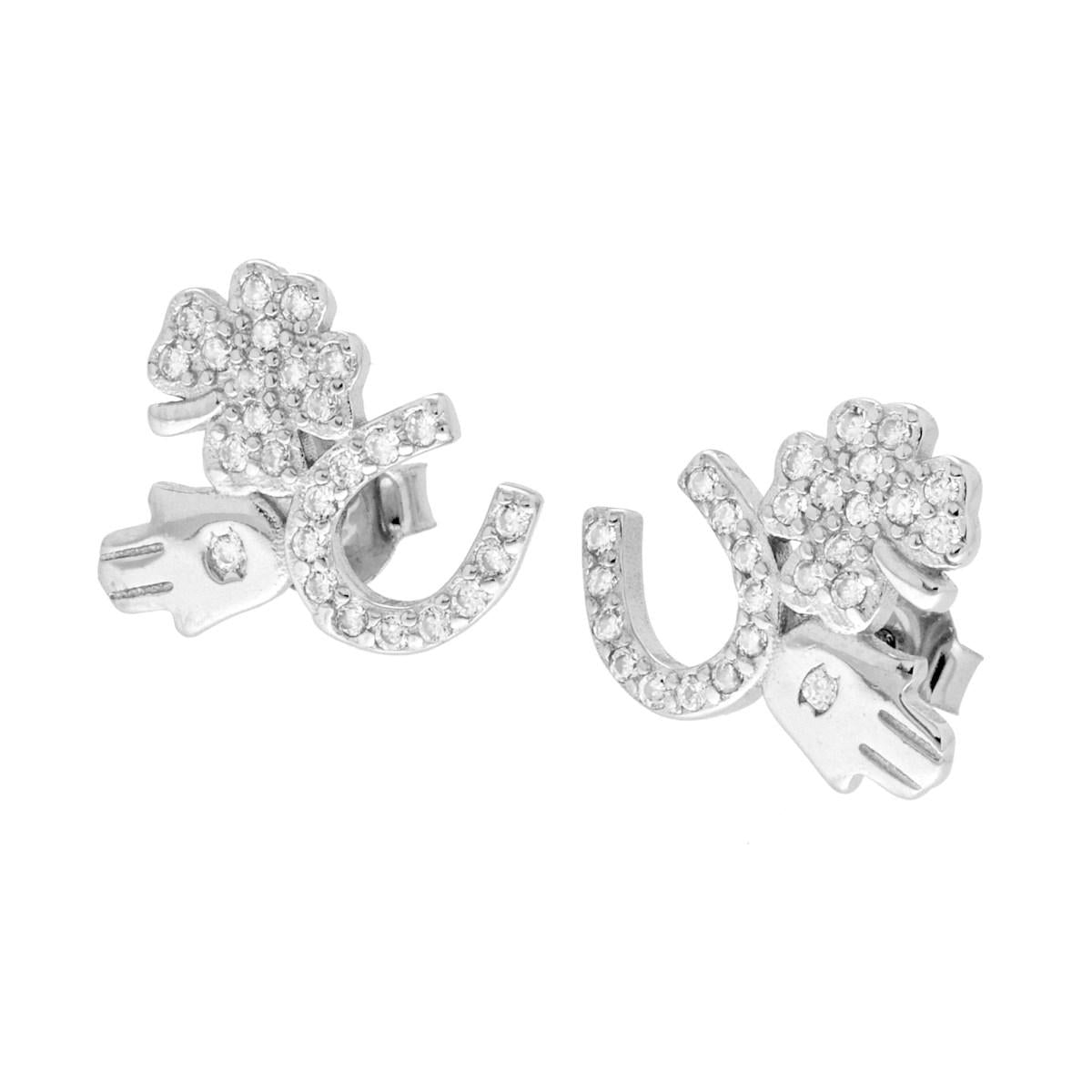 Ohrringe Glücksbringer Hufeisen Fatimas Hand und Kleeblatt mit weißen Cubic Zirconia aus 925er Silber, rhodiniert. - MeinSchmuckShop