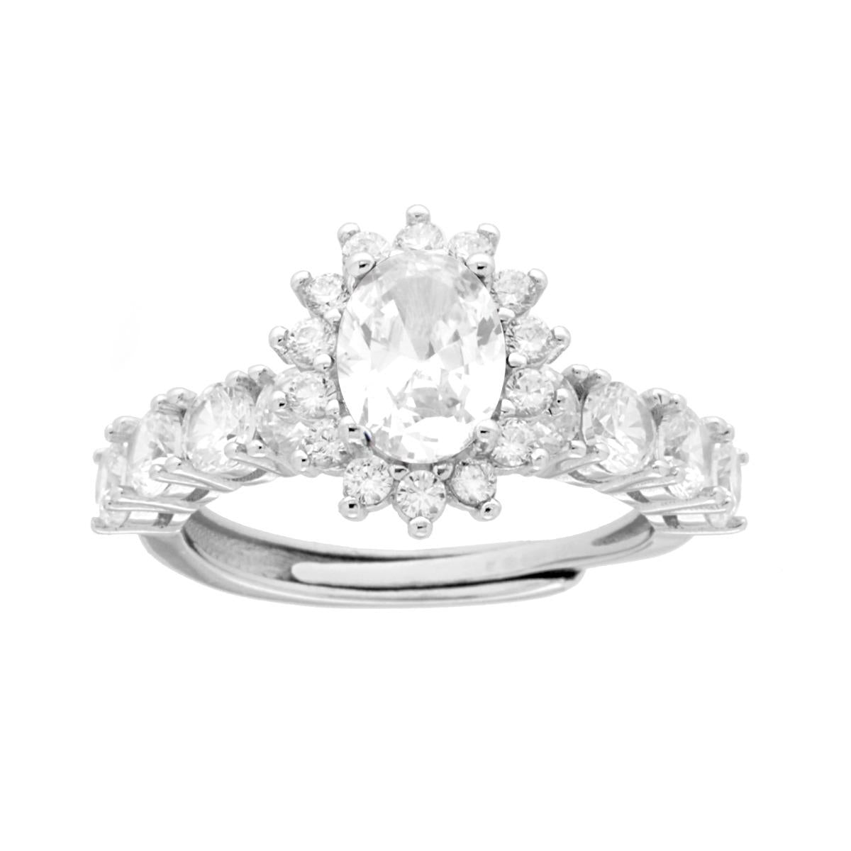 Weißer ovaler Halo-Ring, mit weißen Cubic-Zirkonien umrahmt, aus 925er Silber rhodiniert. - MeinSchmuckShop
