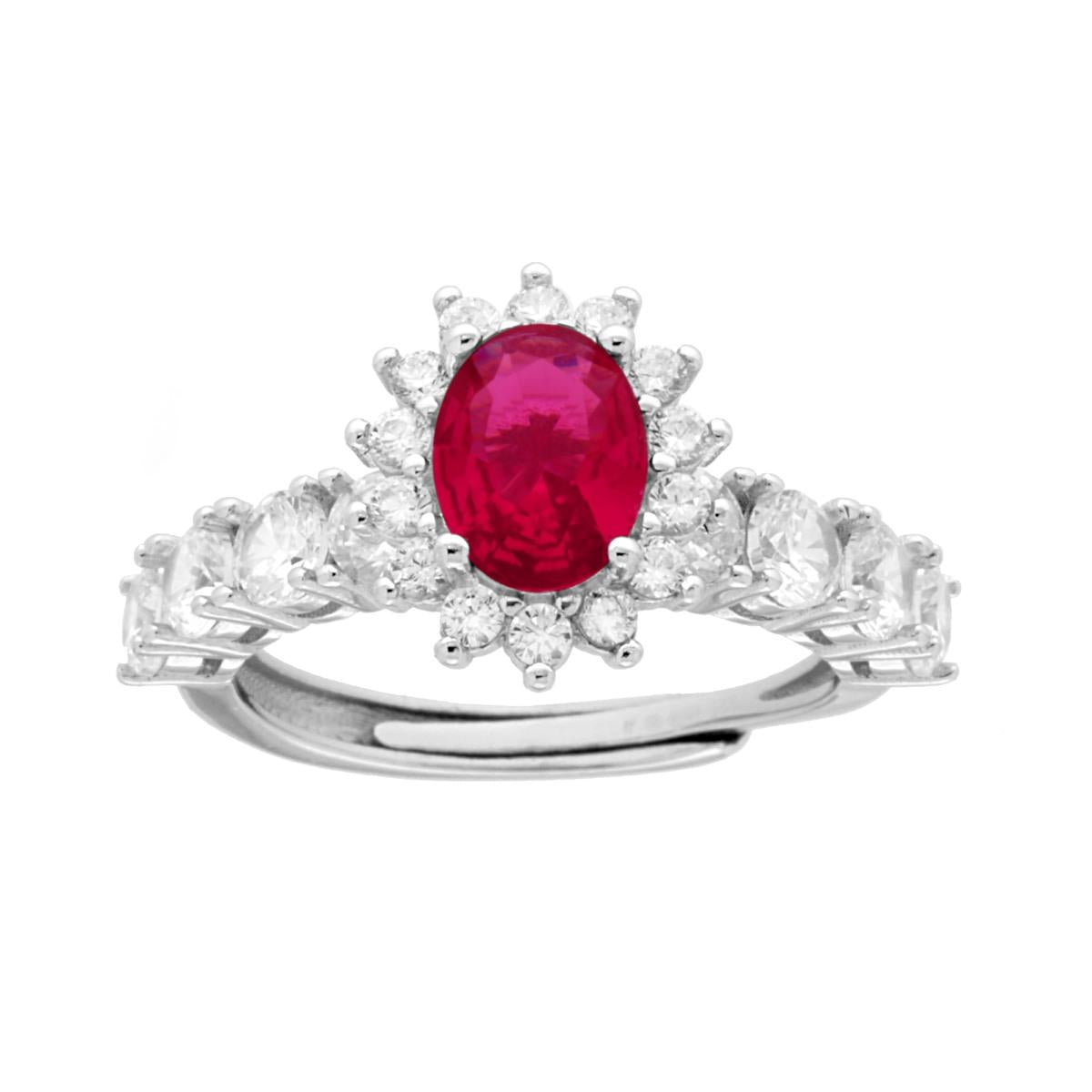 Ring mit ovalem Rubinrot-Halo, umgeben von weißen Cubic Zirconia, aus 925er Silber rhodiniert - MeinSchmuckShop