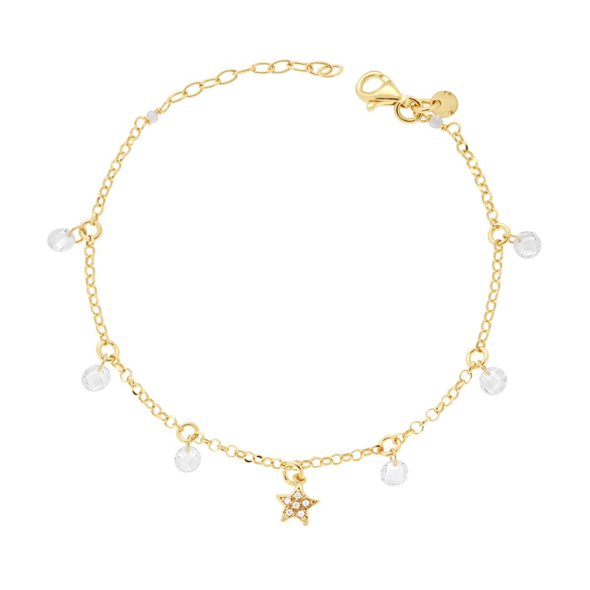 Rolo-Diamantkettenarmband mit Stern aus Cubic Zirconia und weißen Kristallanhängern, aus Silber 925, galvanisch vergoldet - MeinSchmuckShop