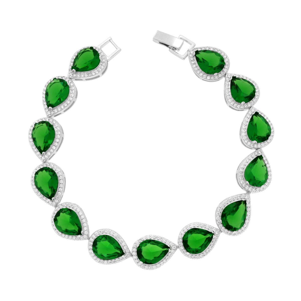 Tennisarmband, Griffe 18 cm, smaragdgrüne Tropfen, umgeben von weißen Cubic Zirconia, rhodiniert auf 925er Silber. - MeinSchmuckShop