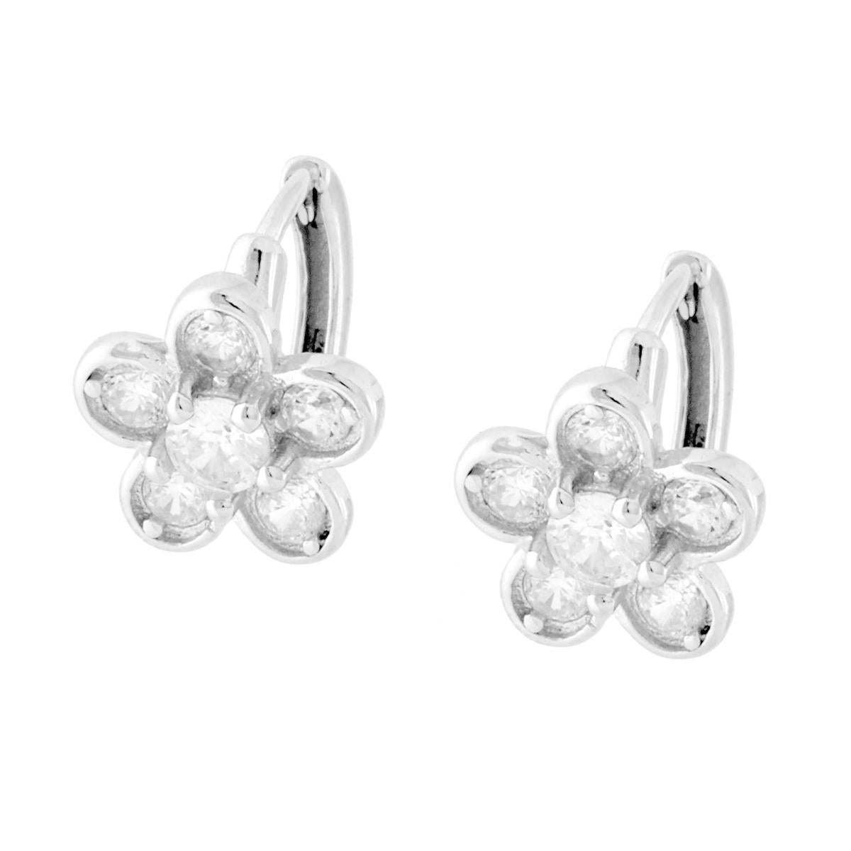 Ohrcreolen mit Klappverschluss, mit Blume und weißen Cubic-Zirconia, Silber 925, rhodiniert - MeinSchmuckShop