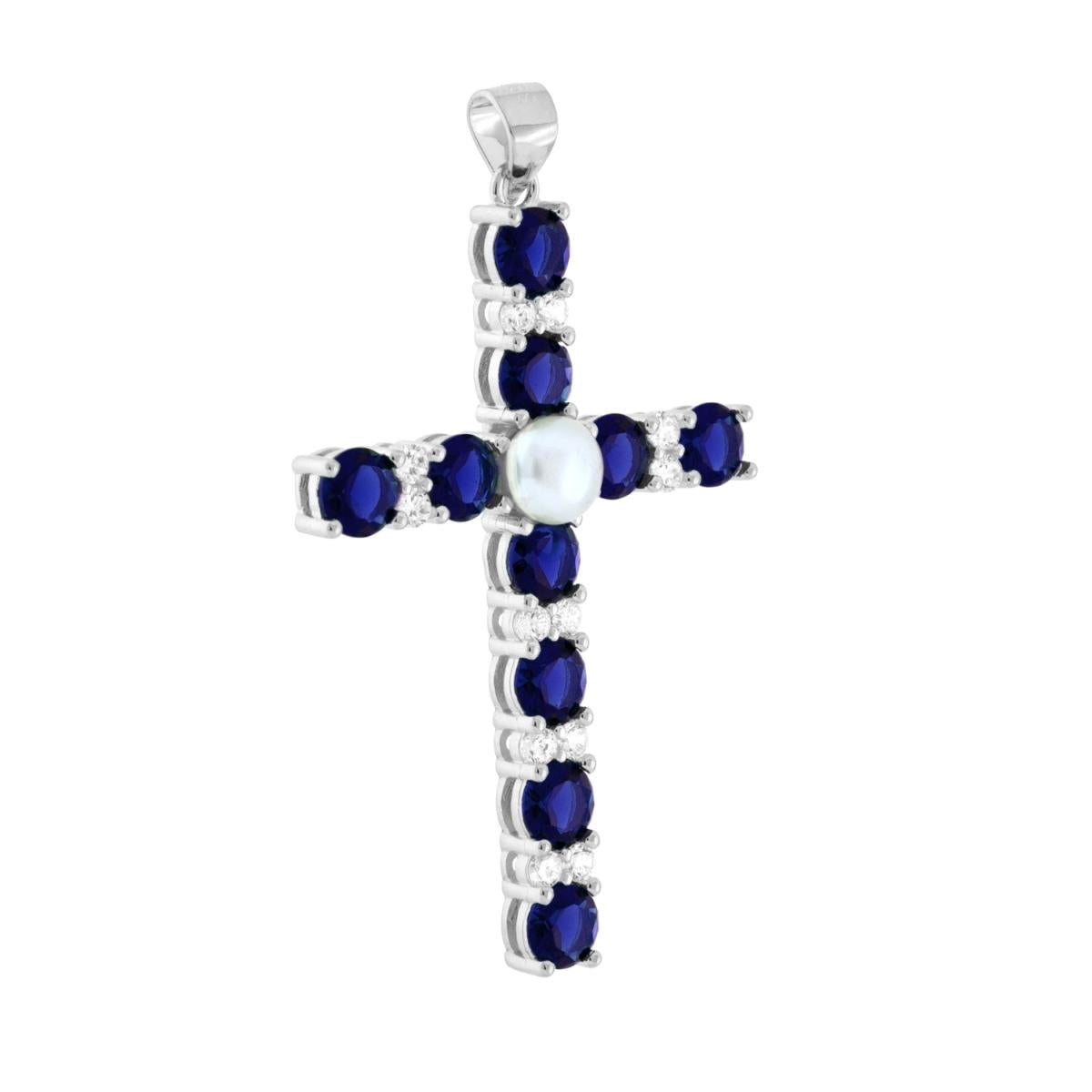 Kreuzanhänger mit kubischem Zirkon in Blau, Saphirblau, Weiß und Perle aus 925er Silber, rhodiniert - MeinSchmuckShop