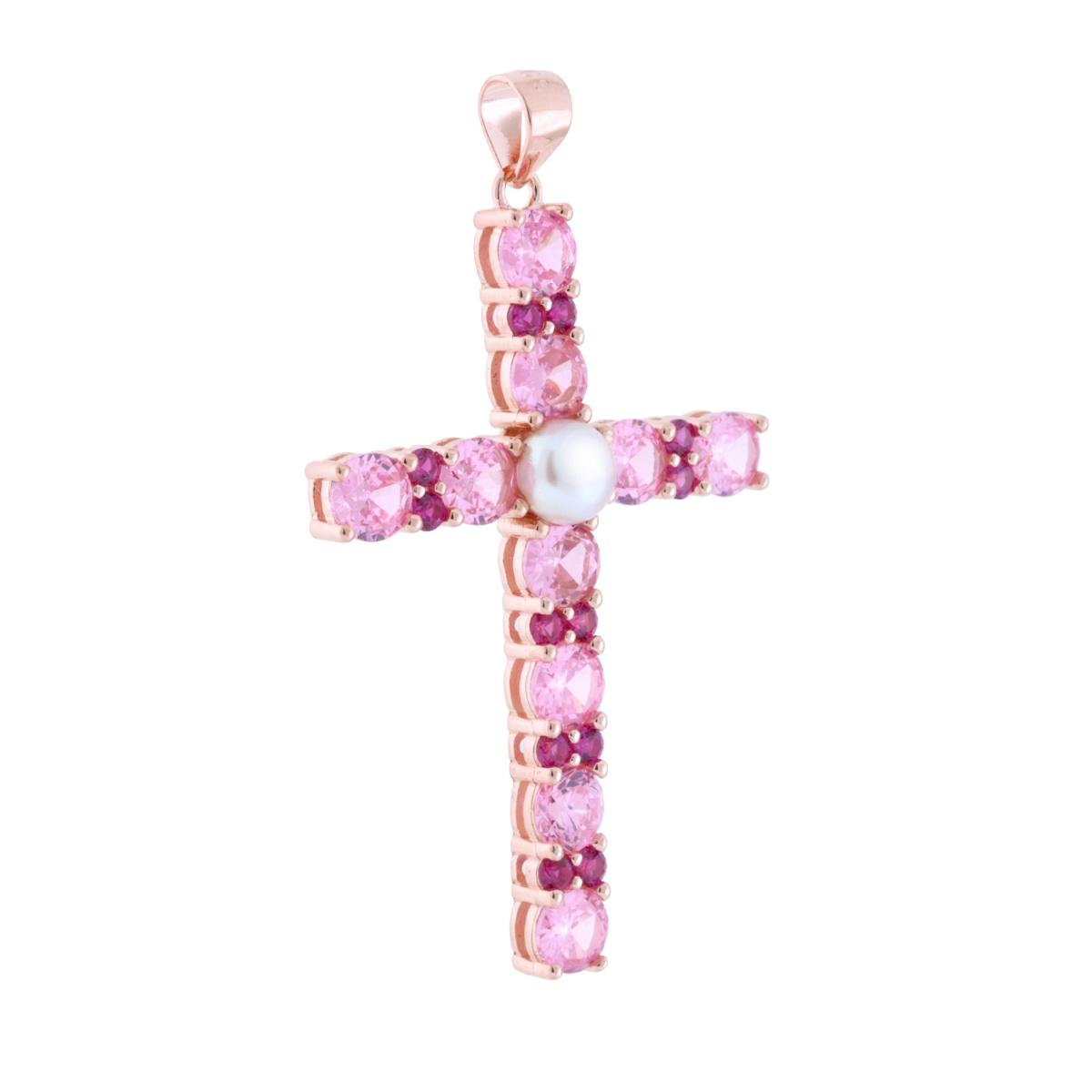 Kreuzanhänger mit Cubic Zirconia in Rosa, Rubinrot, Weiß und Perle aus 925er Silber, rosé galvanisiert - MeinSchmuckShop