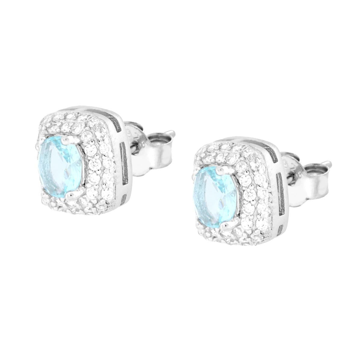 Rechteckige Ohrringe mit ovalem Aquamarin, umrahmt von weißen Cubic-Zirkonien, aus Silber 925, rhodiniert - MeinSchmuckShop