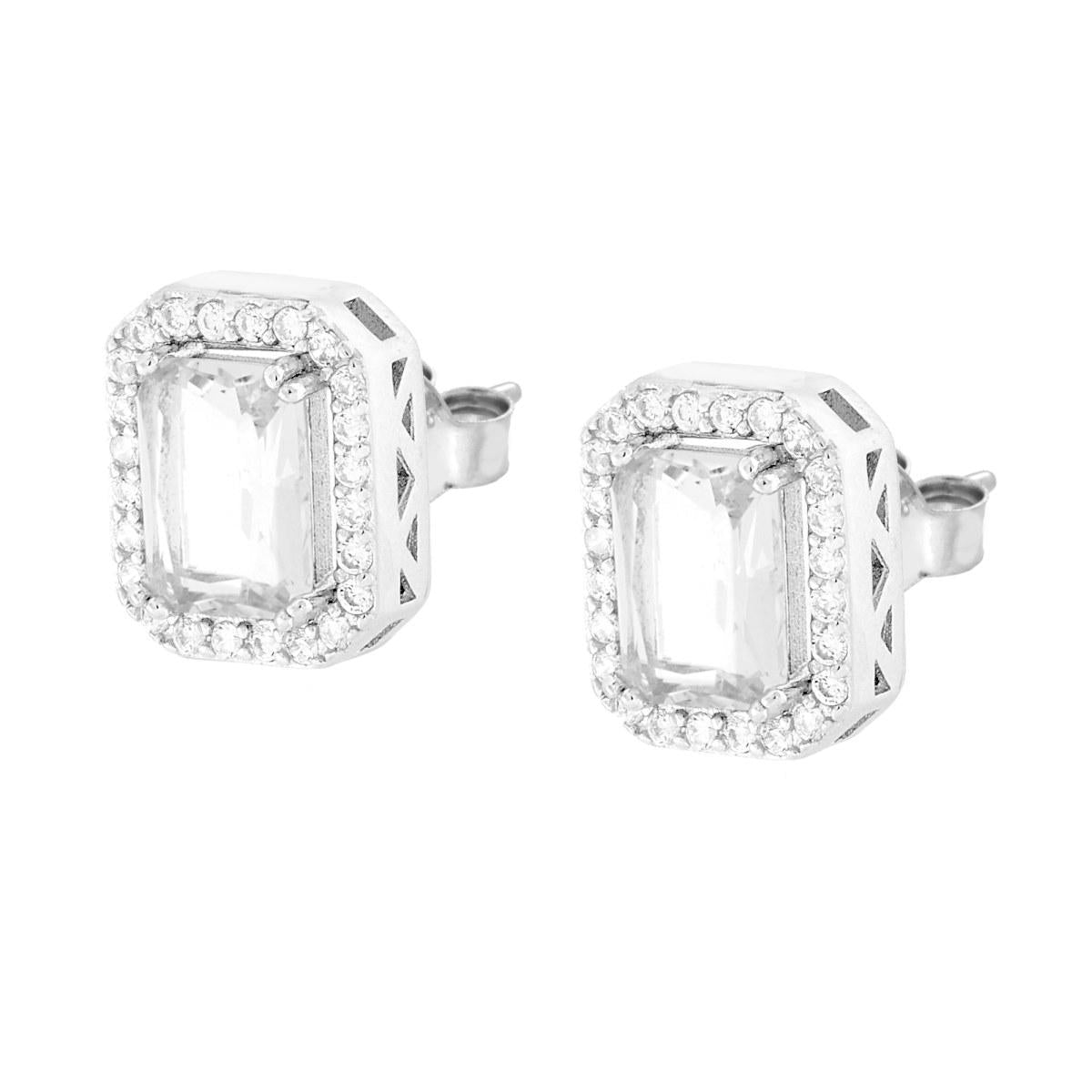 Rechteckige Ohrringe mit weißem Cubic Zirconia, umgeben von weißen Cubic Zirconia, aus 925er Silber, rhodiniert - MeinSchmuckShop