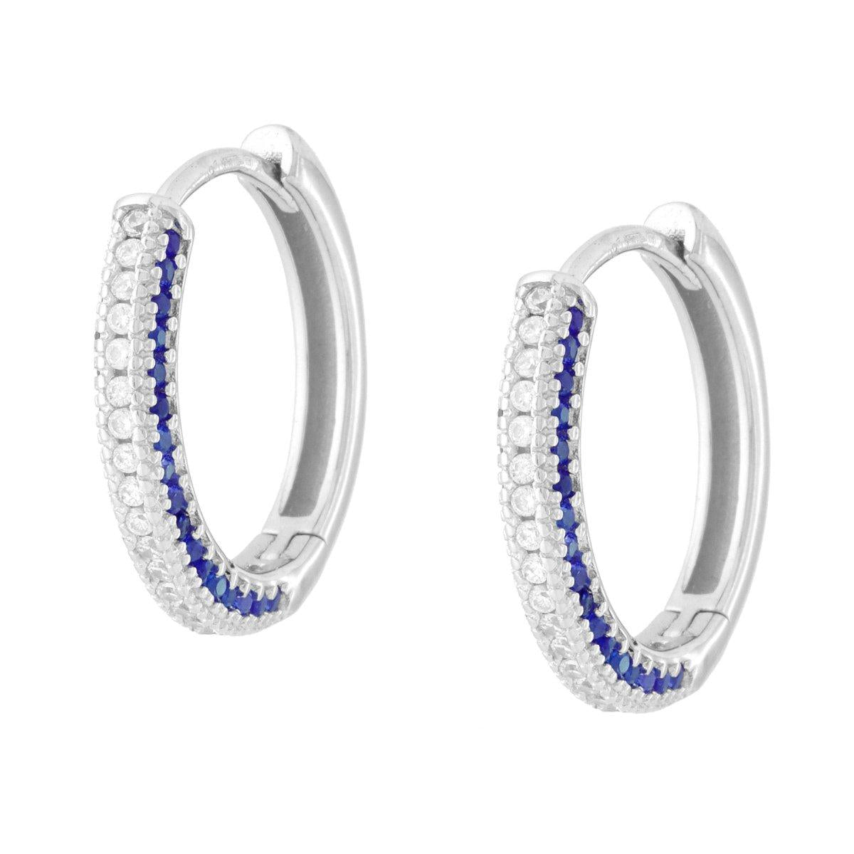 Hoop-Ohrringe mit Schnappverschluss aus 925er Silber, rhodiniert, mit blauem Saphir-Cubic-Zirconia und Weiß. - MeinSchmuckShop
