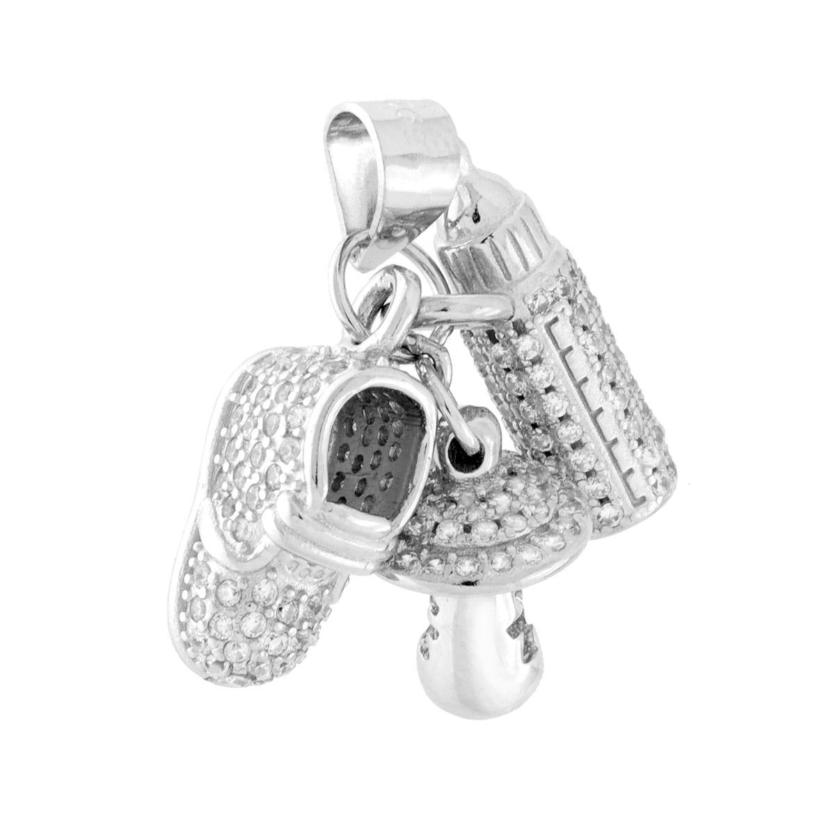 Geburtsanhänger: Junge, Mädchen, Fläschchen, Schnuller und Schuhchen mit weißen Cubic Zirconia, Silber 925, galvanisch rhodiniert - MeinSchmuckShop