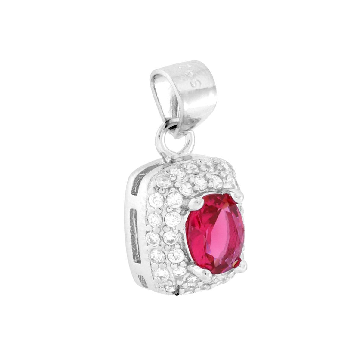 Rechteckiger Anhänger mit ovalem rubinroten Cubic Zirconia, umgeben von weißen Cubic Zirconia, aus Silber 925, rhodiumgalvanisiert - MeinSchmuckShop
