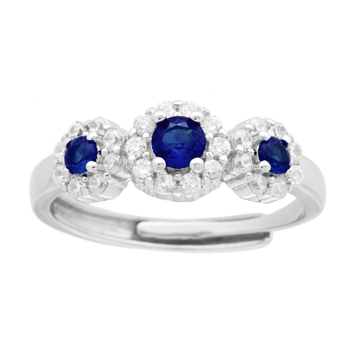 Trilogie-Ring Blaues Saphir-Blütenmotiv, umgeben von weißen Cubic Zirconia, in 925er Silber rhodiniert - MeinSchmuckShop