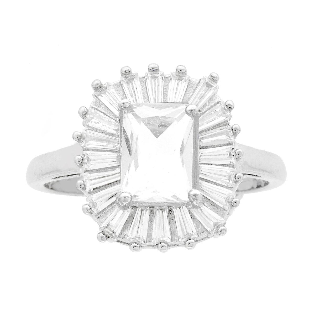 Solitär-Ring in rechteckiger Form mit weißem Cubic Zirconia, umgeben von weißen Cubic Zirconia-Trapezen, aus 925er Silber galvanisch rhodiniert - MeinSchmuckShop