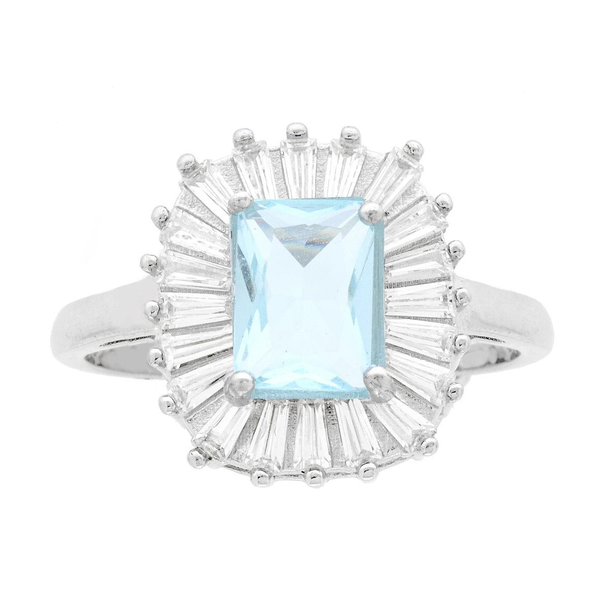 Solitärring, rechteckig, Aquamarin-Cubic-Zirkonia, umgeben von weißen trapezförmigen Cubic-Zirkonien, aus Silber 925 galvanisch rhodiniert - MeinSchmuckShop