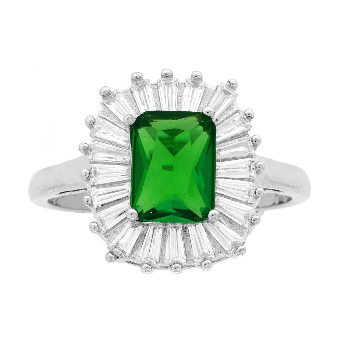 Solitärring, rechteckig, Smaragdgrüner Cubic-Zirkonia, umrahmt von weißen Trapez-Cubic-Zirkonias, aus 925er Silber, rhodiniert - MeinSchmuckShop