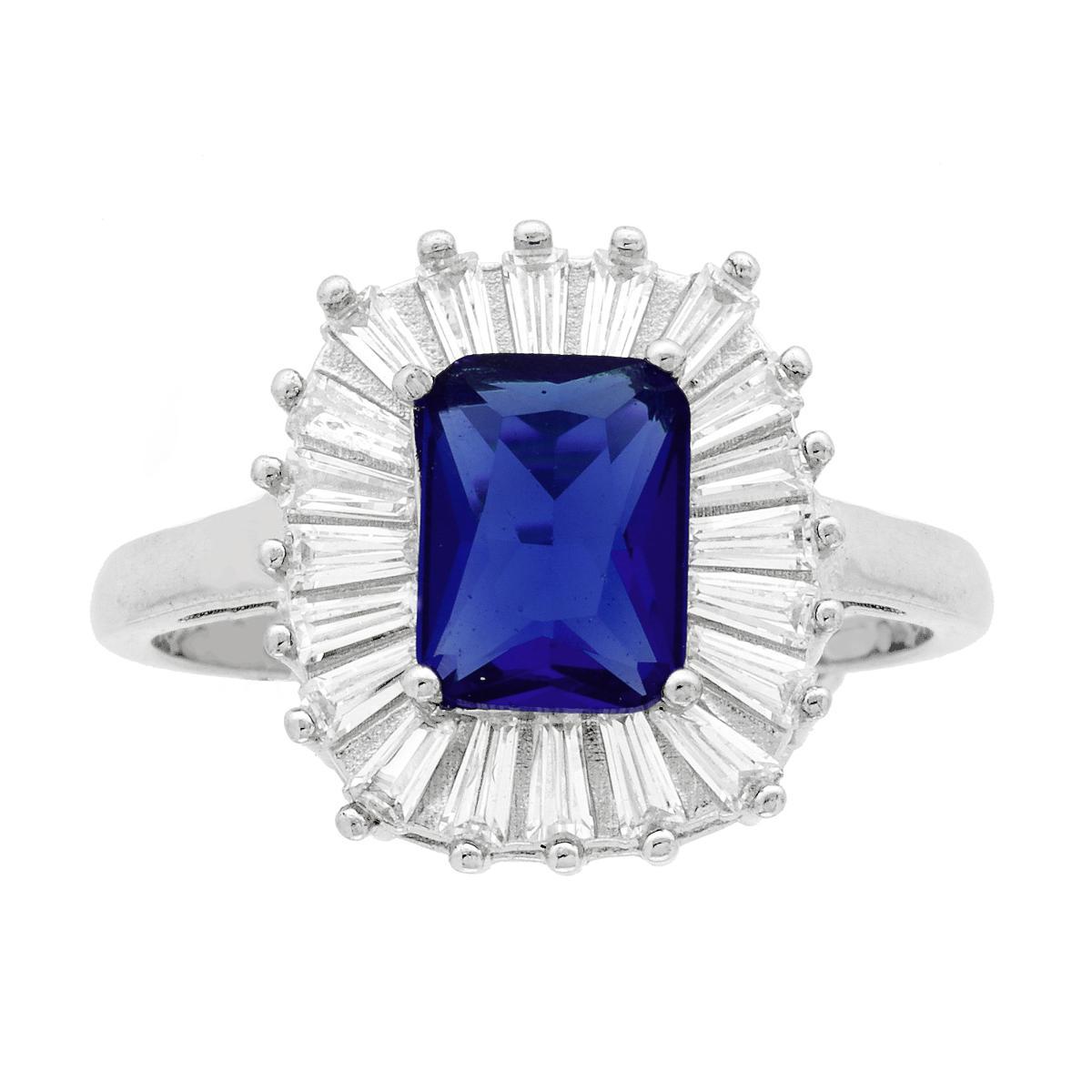 Solitärring, rechteckig, blaues Cubic Zirconia Saphir, umrandet von weißen Cubic Zirconia-Trapezen, in 925er Silber rhodiumgalvanisiert - MeinSchmuckShop