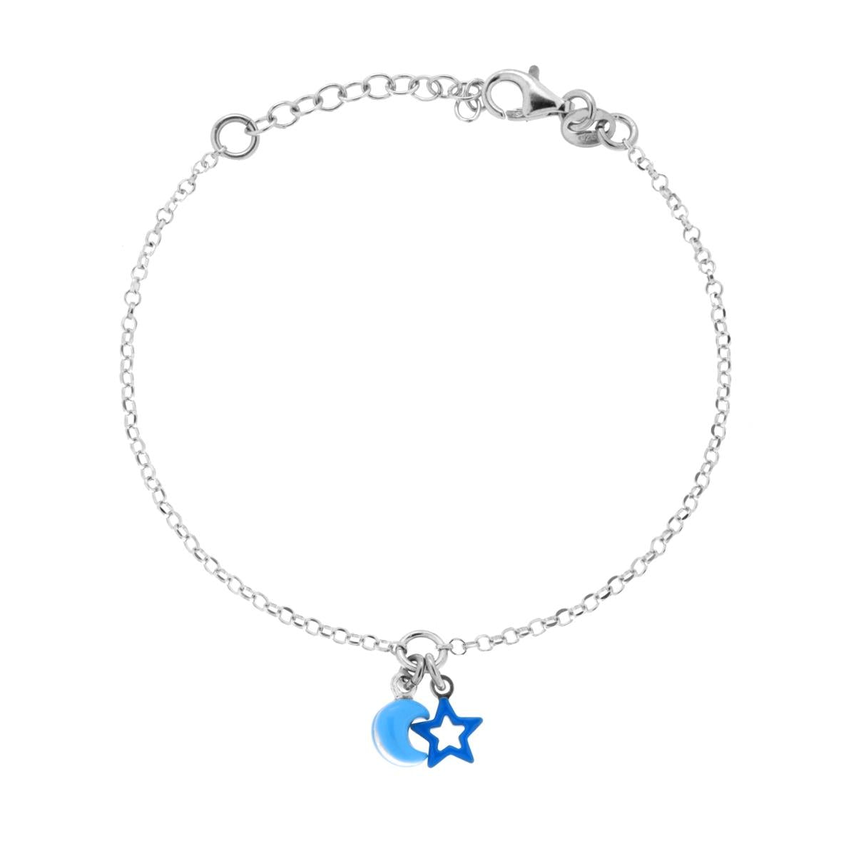Rolo-Kettenarmband mit Diamanten, Mond- und Sternanhängern, blau emailliert, aus 925er Silber, rhodiniert. - MeinSchmuckShop
