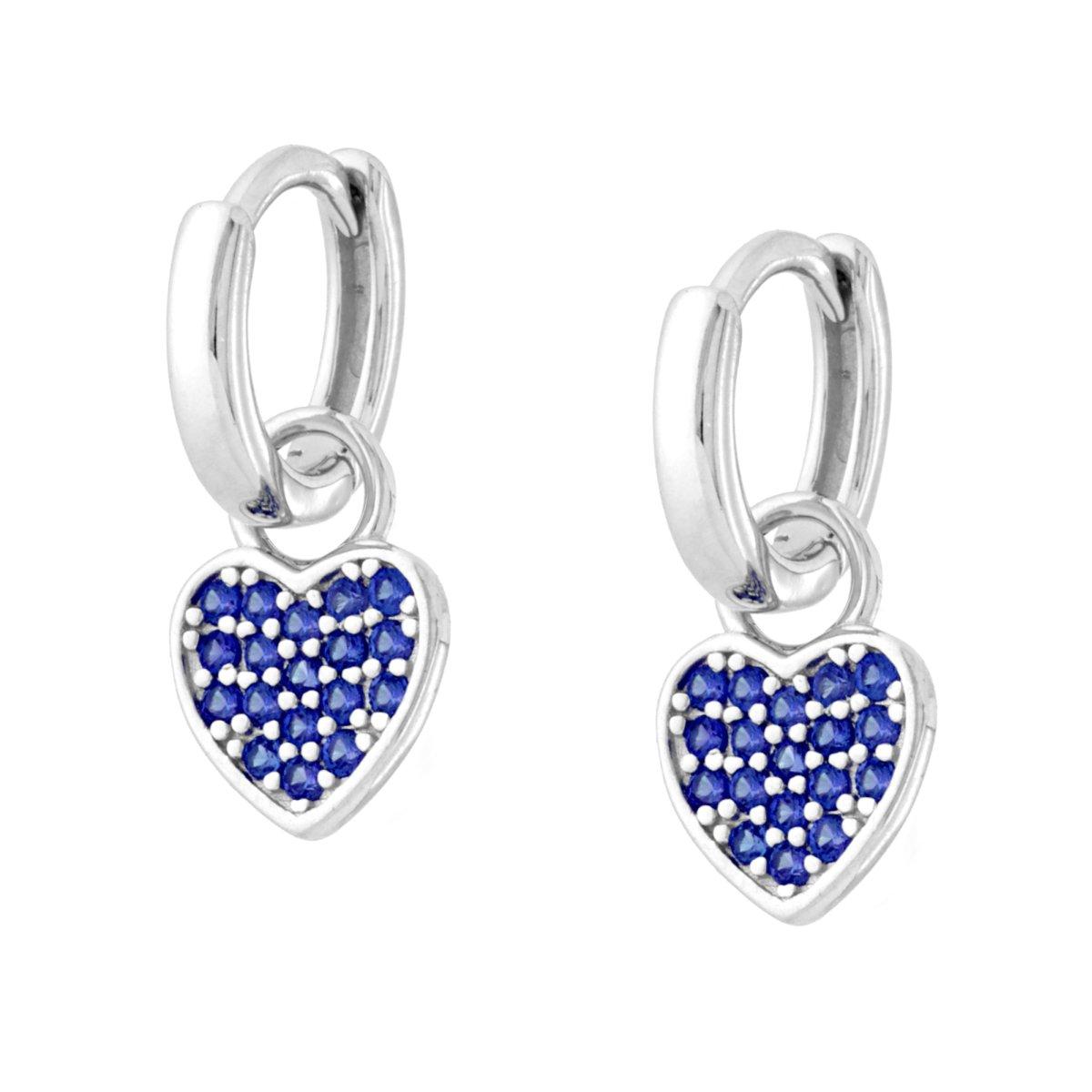 Ohrringe Rundring-Clip mit hängendem Herz und Cubic Zirconia Blau Saphir, aus 925er Silber rhodiniert - MeinSchmuckShop