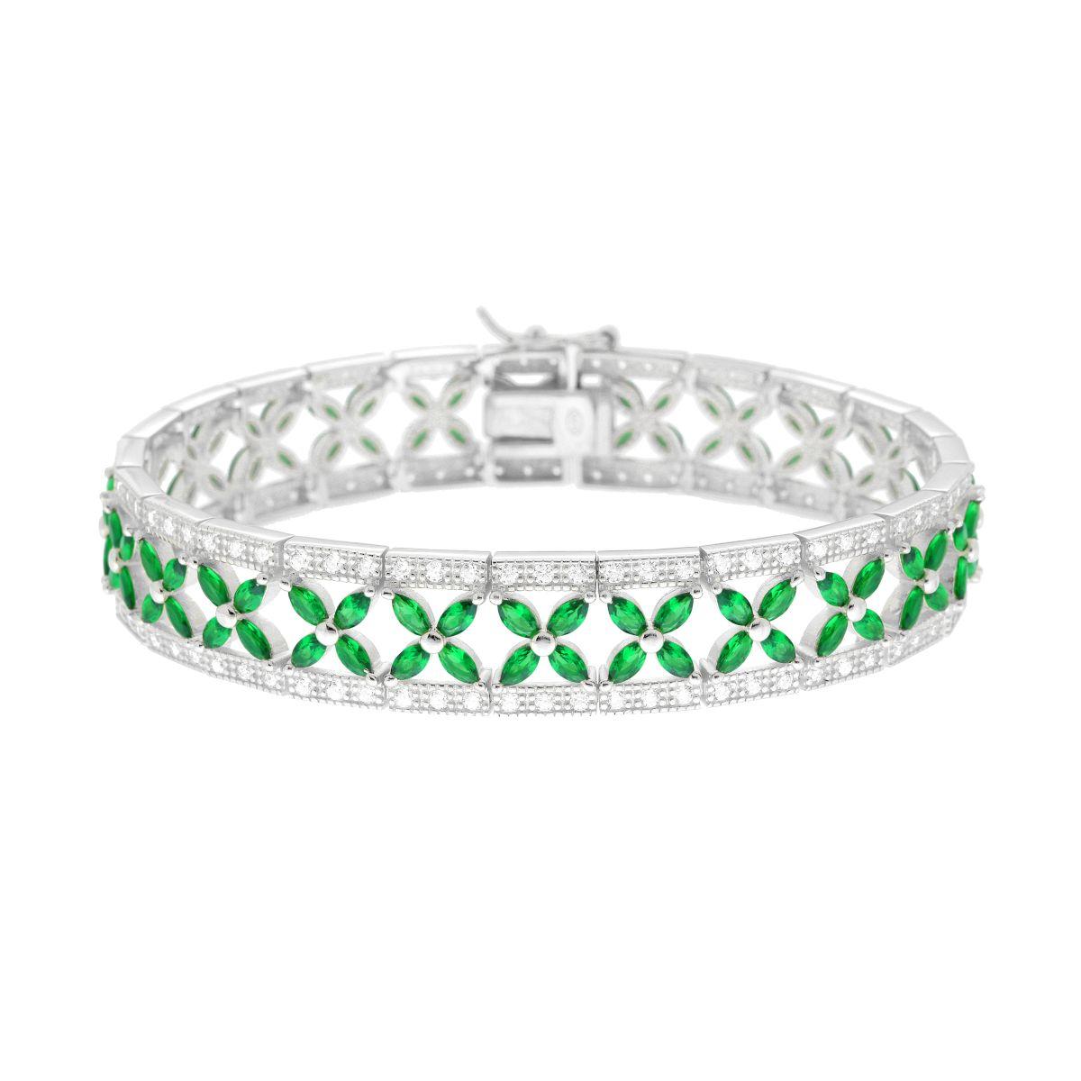 Tennisarmband mit Blütenband, mit grünem Smaragd- und weißen Cubic-Zirkonia, aus 925er Silber, rhodiniert galvanisch - MeinSchmuckShop