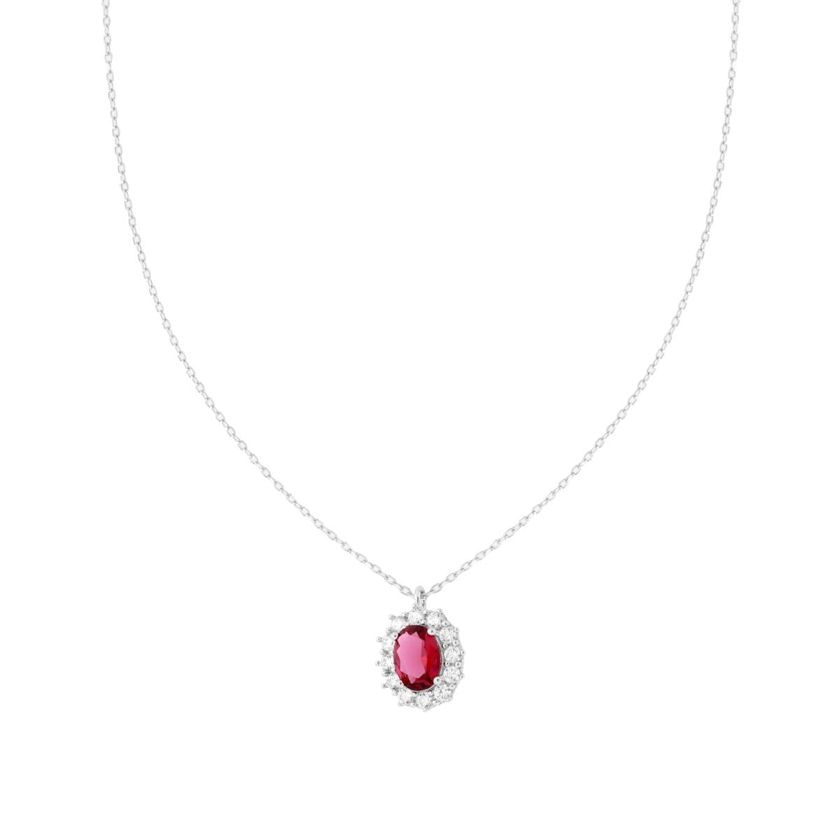 Kette mit diamantierter, ovaler Rubinrot, umrahmt von weißen Cubic Zirconia, aus 925er Silber rhodiniert - MeinSchmuckShop