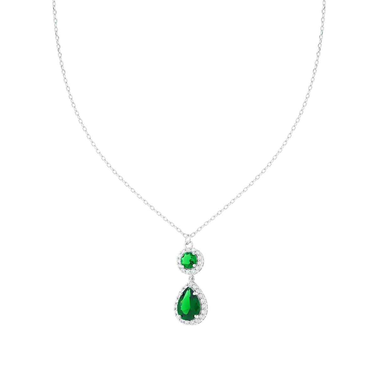 Kette mit diamantierter Forzatina, smaragdgrüner Tropfen, umrandet von weißen Cubic Zirconia, aus 925er Silber rhodiniert galvanisch - MeinSchmuckShop