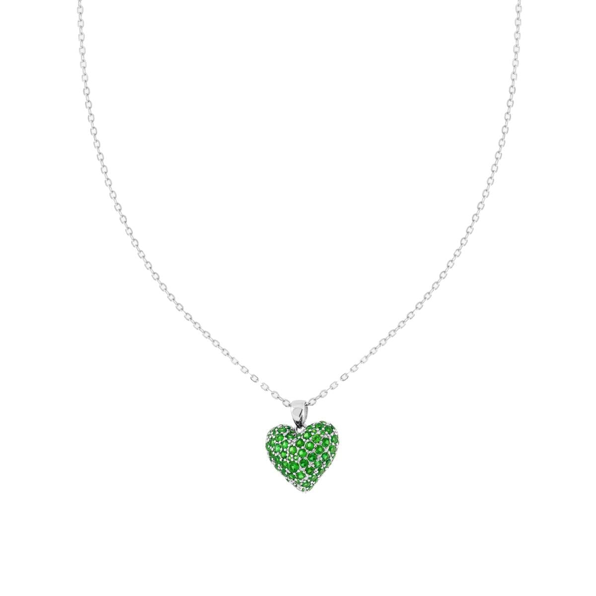 Diamantierte Forzatina-Kette mit gepuffertem Herz, mit grünem Cubic Zirconia (Smaragdgrün) aus 925er Silber, rhodiniert galvanisch - MeinSchmuckShop