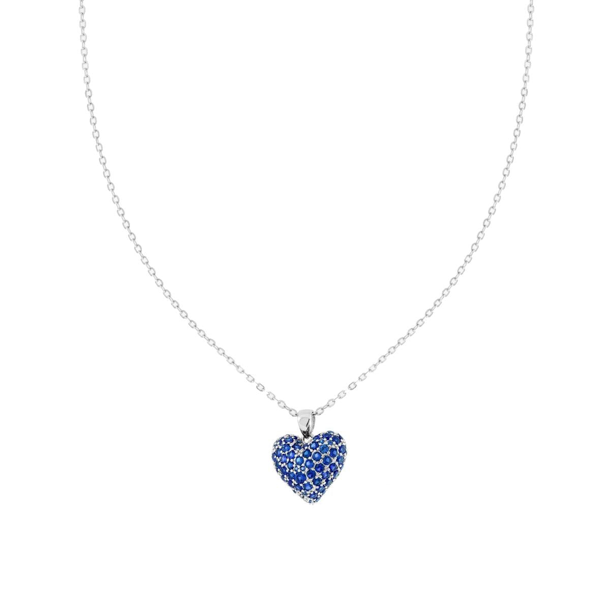 Halskette Diamantierte Forzatina-Kette mit aufgeblasenem Herz, mit blauem Cubic Zirconia, aus 925er Silber rhodiniert. - MeinSchmuckShop