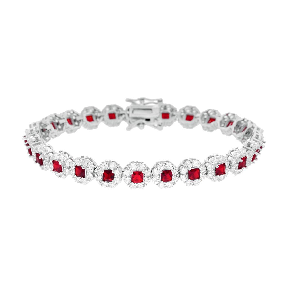 Tennis-Armband, 18 cm, rubinrot rubinfarbene Blüten, Carre-Form, umrandet von weißen Cubic Zirconia, aus Silber 925 rhodiniert - MeinSchmuckShop