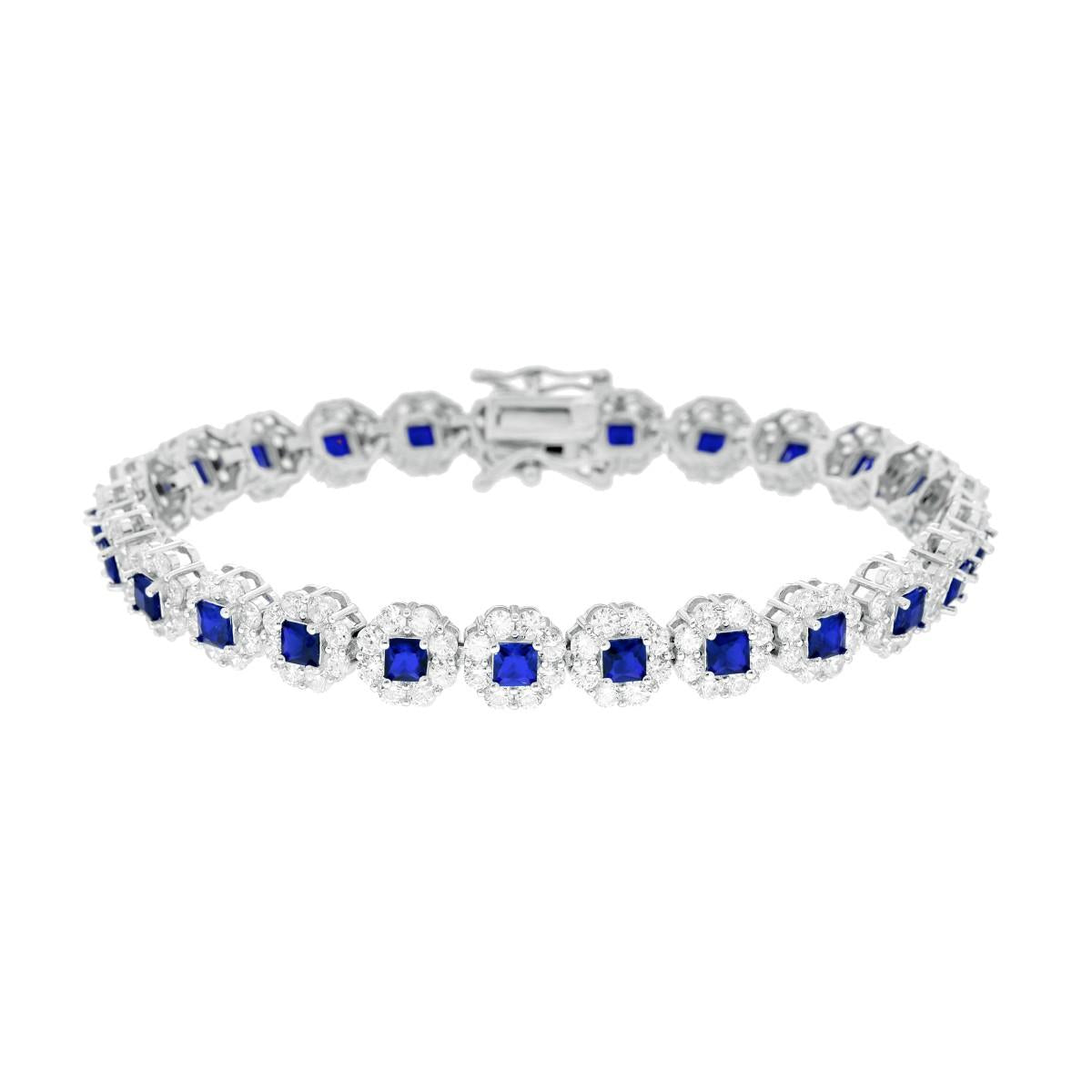 Tennisarmband 18 cm Blaue Saphirblüten Quadrate umrandet von weißen Cubic Zirconia aus 925er Silber rhodiniert - MeinSchmuckShop