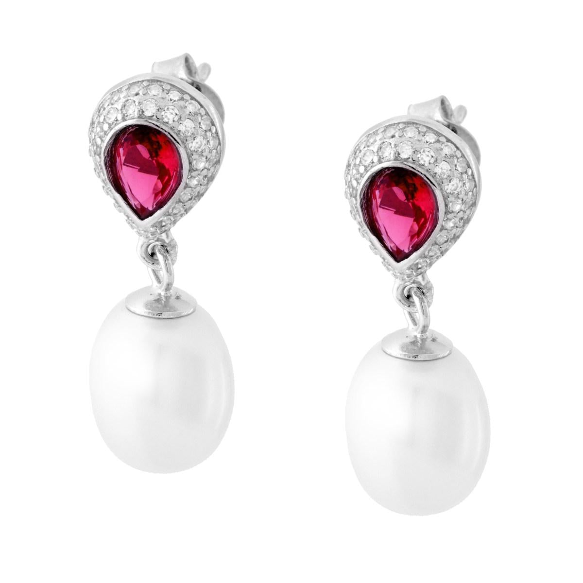 Tropfen-Ohrhänger aus Rot Rubin, umrahmt von weißen Cubic Zirconia, mit ovaler Perle als Anhänger, aus 925er Silber rhodiniert. - MeinSchmuckShop