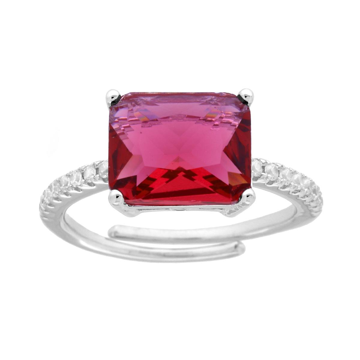 Solitärring mit rechteckigem roten Rubin und weißen Cubic Zirconia, aus 925er Silber rhodiniert - MeinSchmuckShop