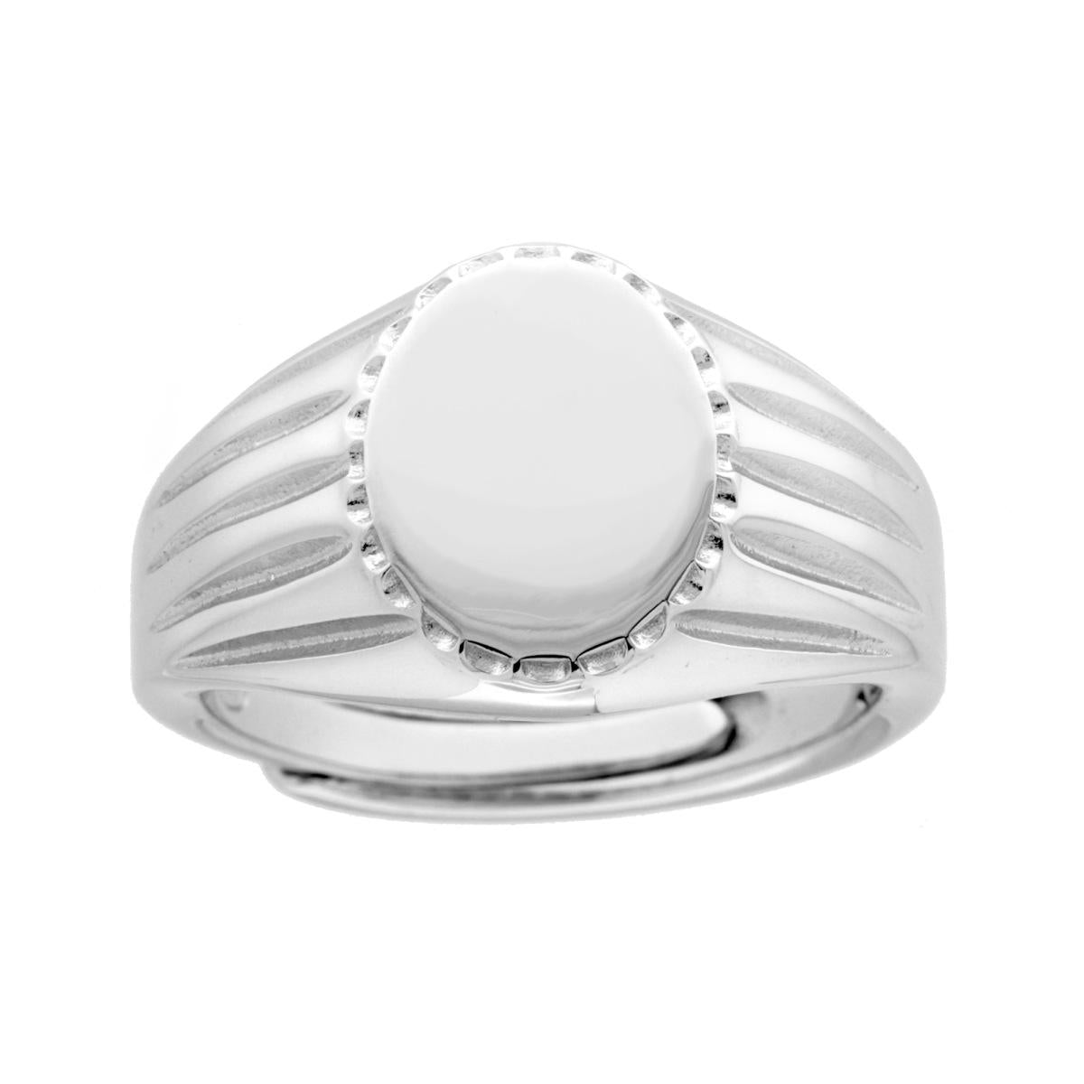 Chevalier-Ring mit schlichtem ovalem Schild und seitlicher Veredelung aus 925er Silber, galvanisch rhodiniert - MeinSchmuckShop