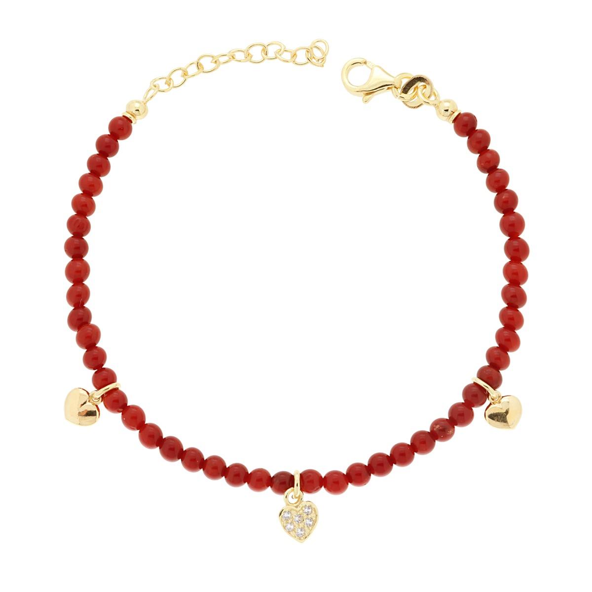 Perlenarmband in Korallenrot mit erhabenen Herzen und Herz mit weißen Cubic Zirconia, Silber 925 Goldgalvanik - MeinSchmuckShop