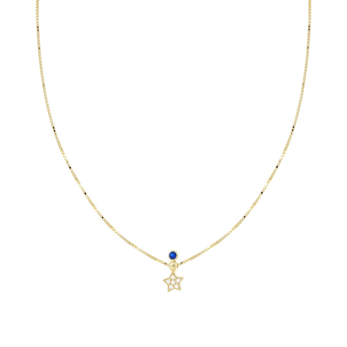 Halskette Venezianerkette diamantiert mit Stern aus Cubic Zirconia, weiß, und blauem Saphir-Punktlicht, Silber 925, galvanisch vergoldet - MeinSchmuckShop