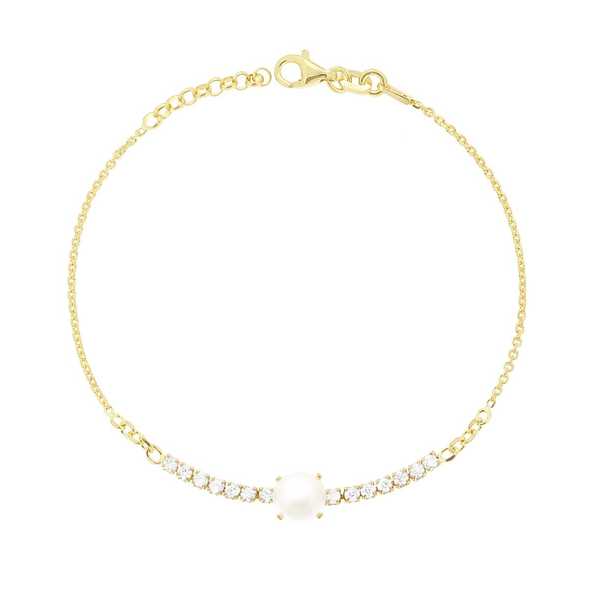 Armband mit Forzatina-Kette, diamantiert, mit Perle und Tennis aus weißen Zirkonien, Silber 925, vergoldet durch Galvanik. - MeinSchmuckShop