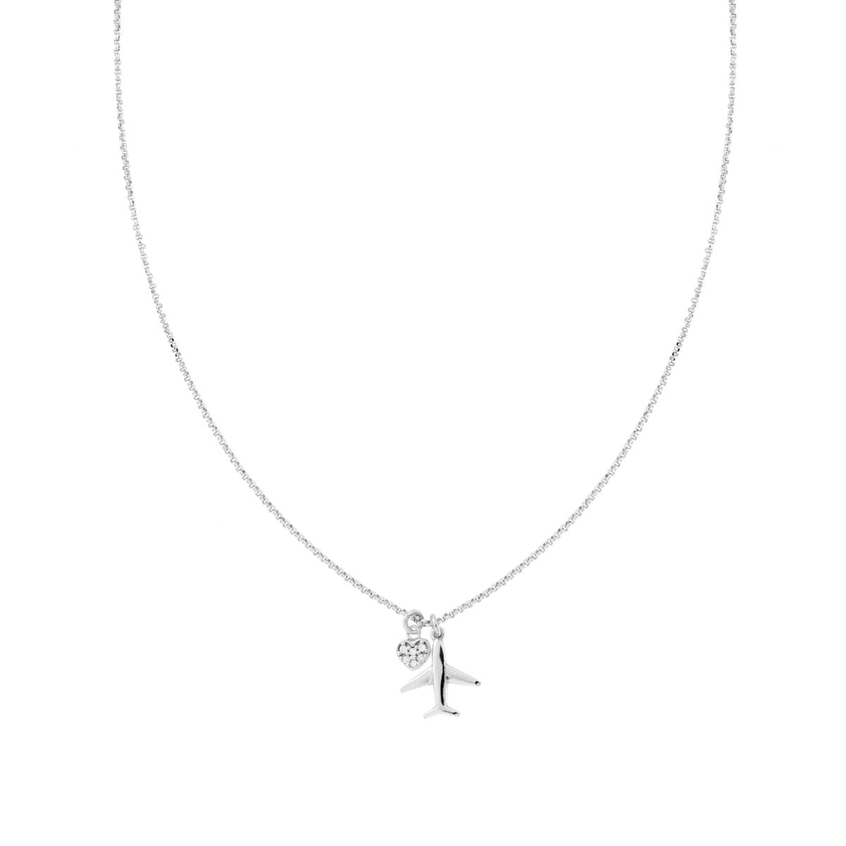 Diamantierte Rolo-Kette mit Flugzeug- und Herzanhänger aus weißen Cubic Zirconia, Silber 925, rhodiniert galvanisch - MeinSchmuckShop