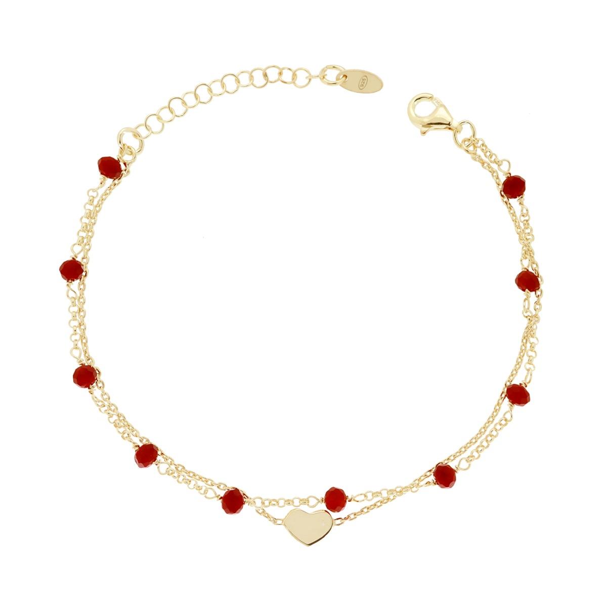 Armband mit zwei Fäden, Forzatina- und Rolo-Kette, mit Herz (plain) und rotem Kristall, aus 925er Silber, galvanisch vergoldet - MeinSchmuckShop