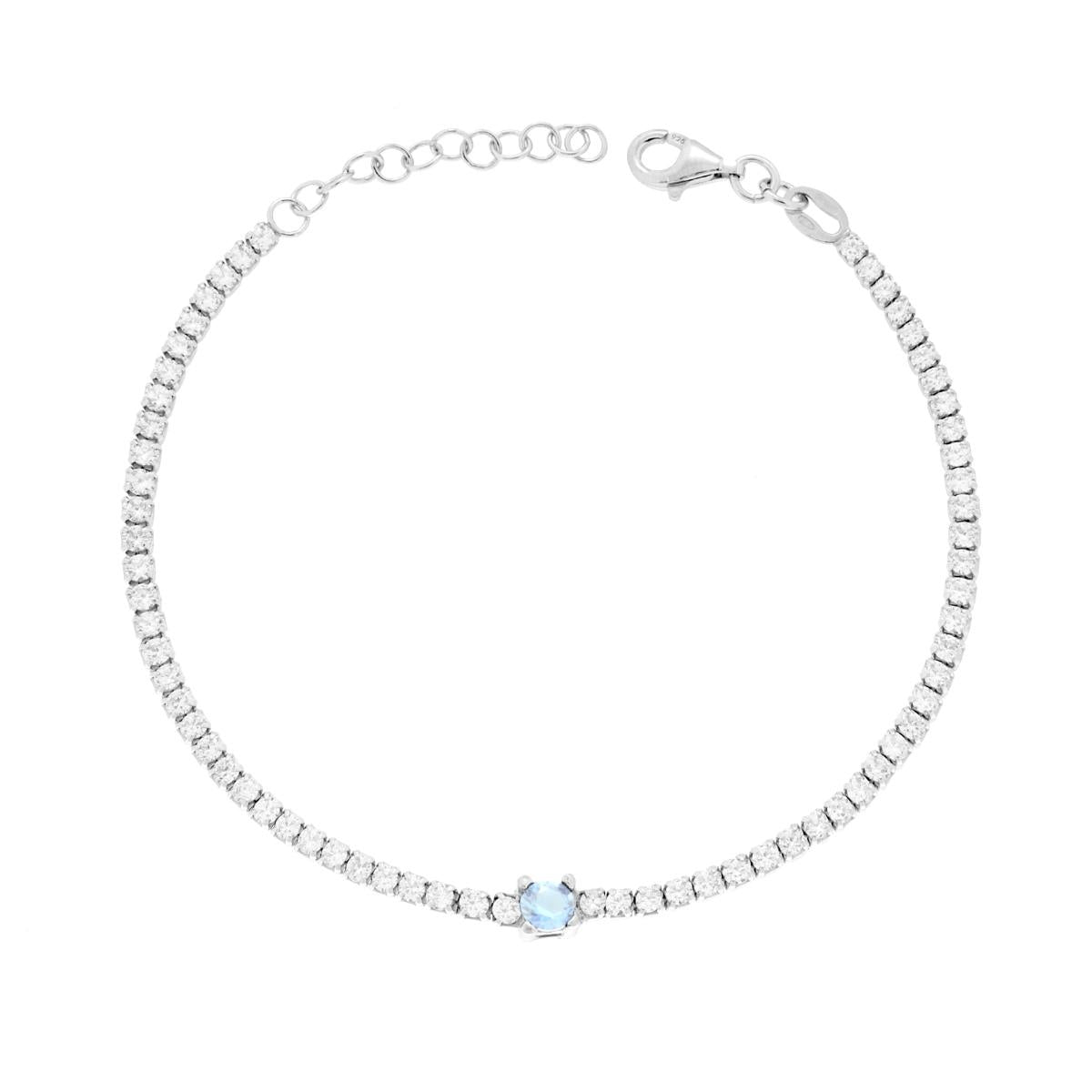 Tennisarmband mit weißen Cubic Zirconia und rundem Aquamarin aus 925er Silber, rhodiniert - MeinSchmuckShop