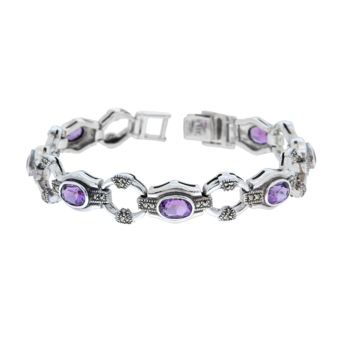 Ethnischer thailändischer Armreif mit ovalen Amethyststeinen und Markasit in Silber 925 - MeinSchmuckShop