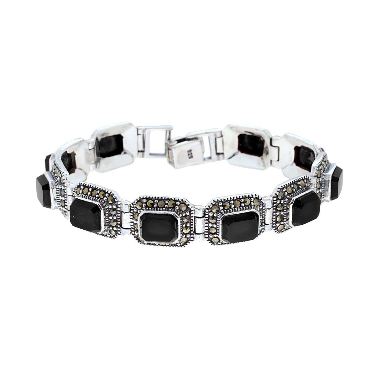 Thailändisches ethnisches Armband mit rechteckigen Onyx-Steinen und Markasit in 925er Silber - MeinSchmuckShop