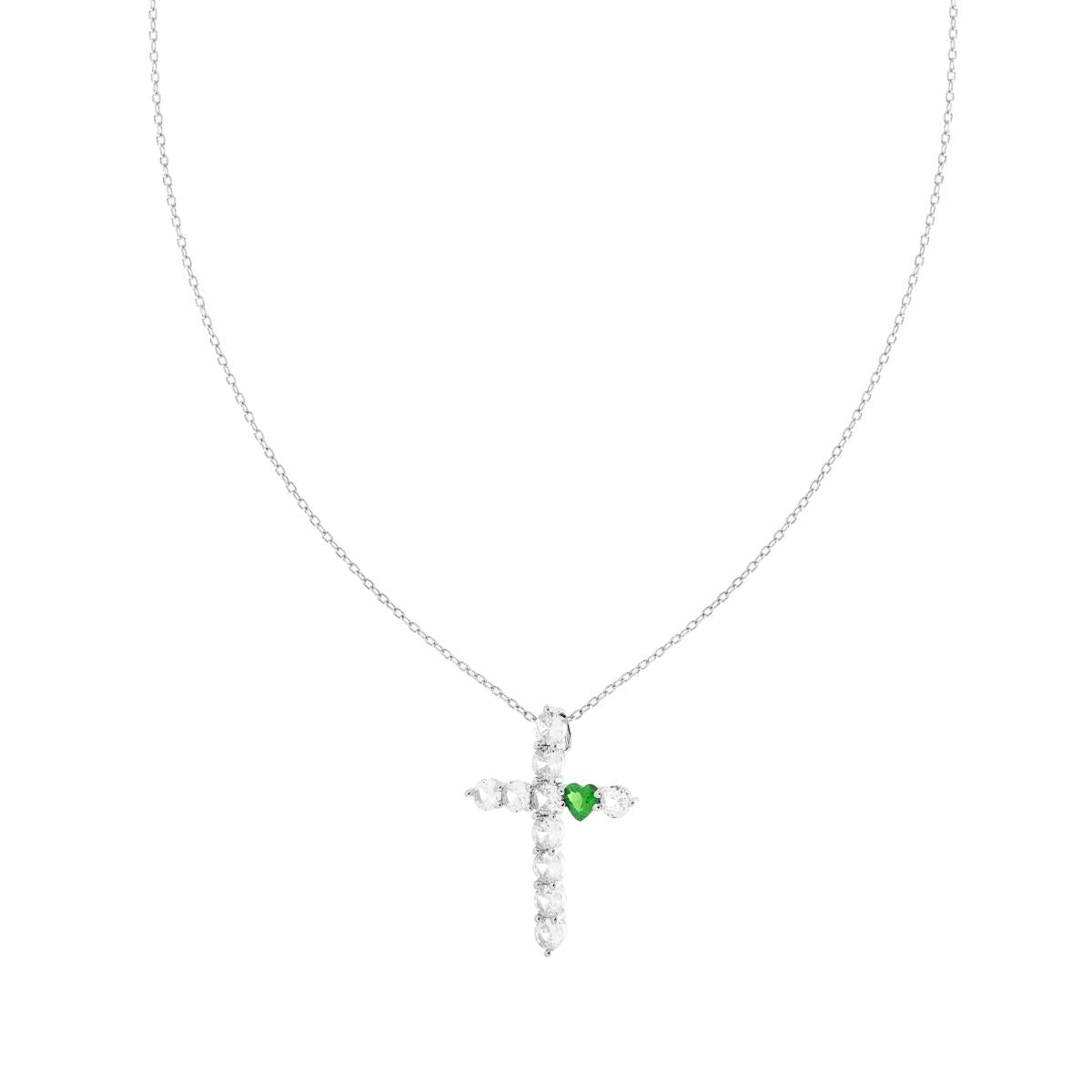 Kette mit zarter diamantierter Kette, Kreuz aus weißen Cubic Zirconia und Herz in Smaragdgrün, aus 925er Silber, rhodiniert. - MeinSchmuckShop