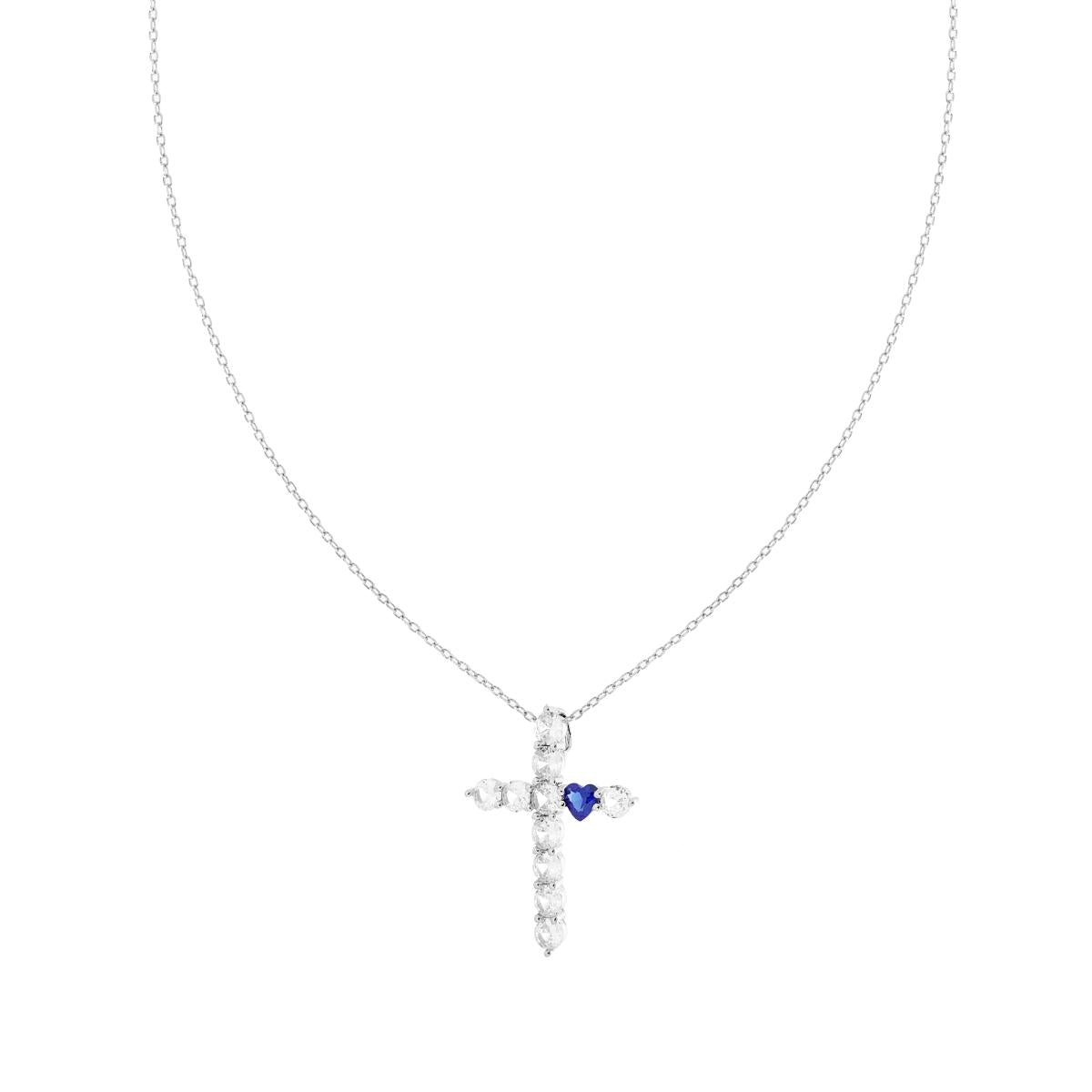 Kette Forzatina diamantiert, Kreuz aus weißen Cubic-Zirconia, blaues Saphirherz, aus Silber 925 rhodiniert - MeinSchmuckShop