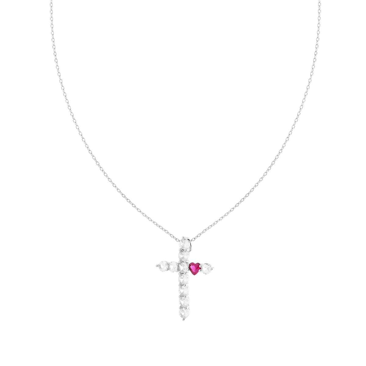 Kette mit diamantierter Forzatina-Kette, Kreuz aus weißen Cubic Zirconia und rotem Rubinherz in 925er Silber rhodiumbeschichtet - MeinSchmuckShop