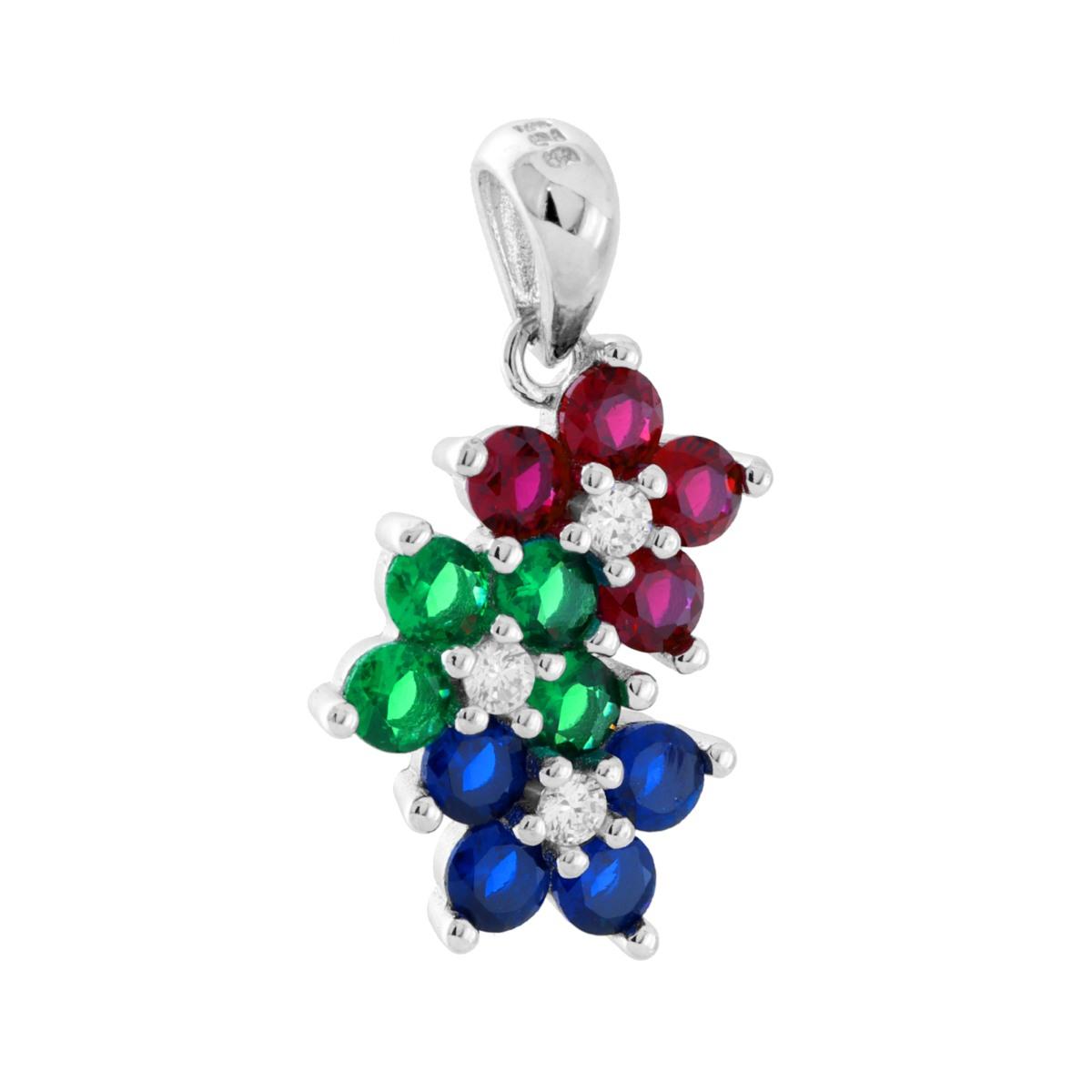 Anhänger mit drei Blüten, multicolor Cubic Zirconia, 925er Silber, rhodiniert. - MeinSchmuckShop