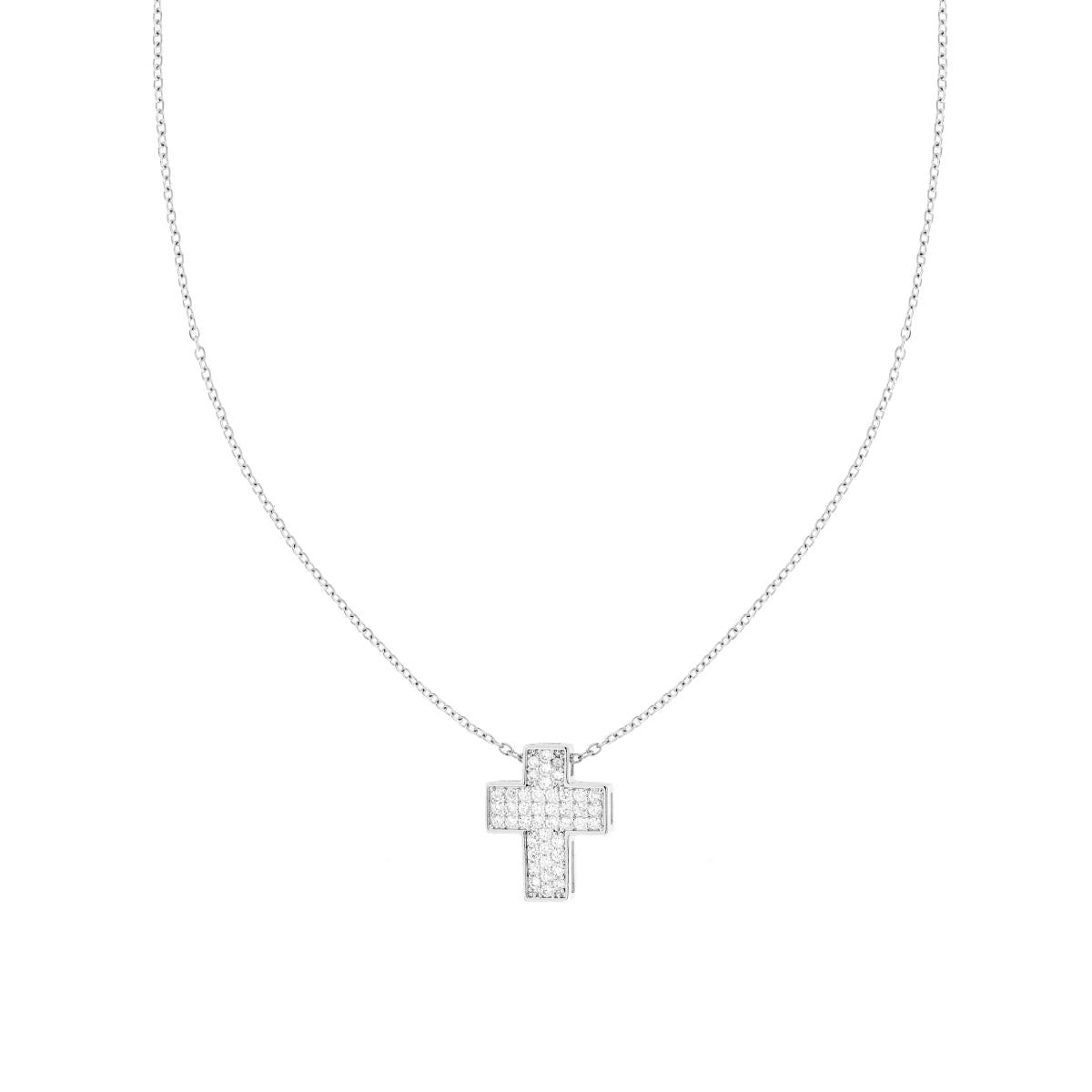 Halskette mit Forzatina-Diamantierung, Kreuz und weißem Kristall aus Edelstahl und Messing - MeinSchmuckShop