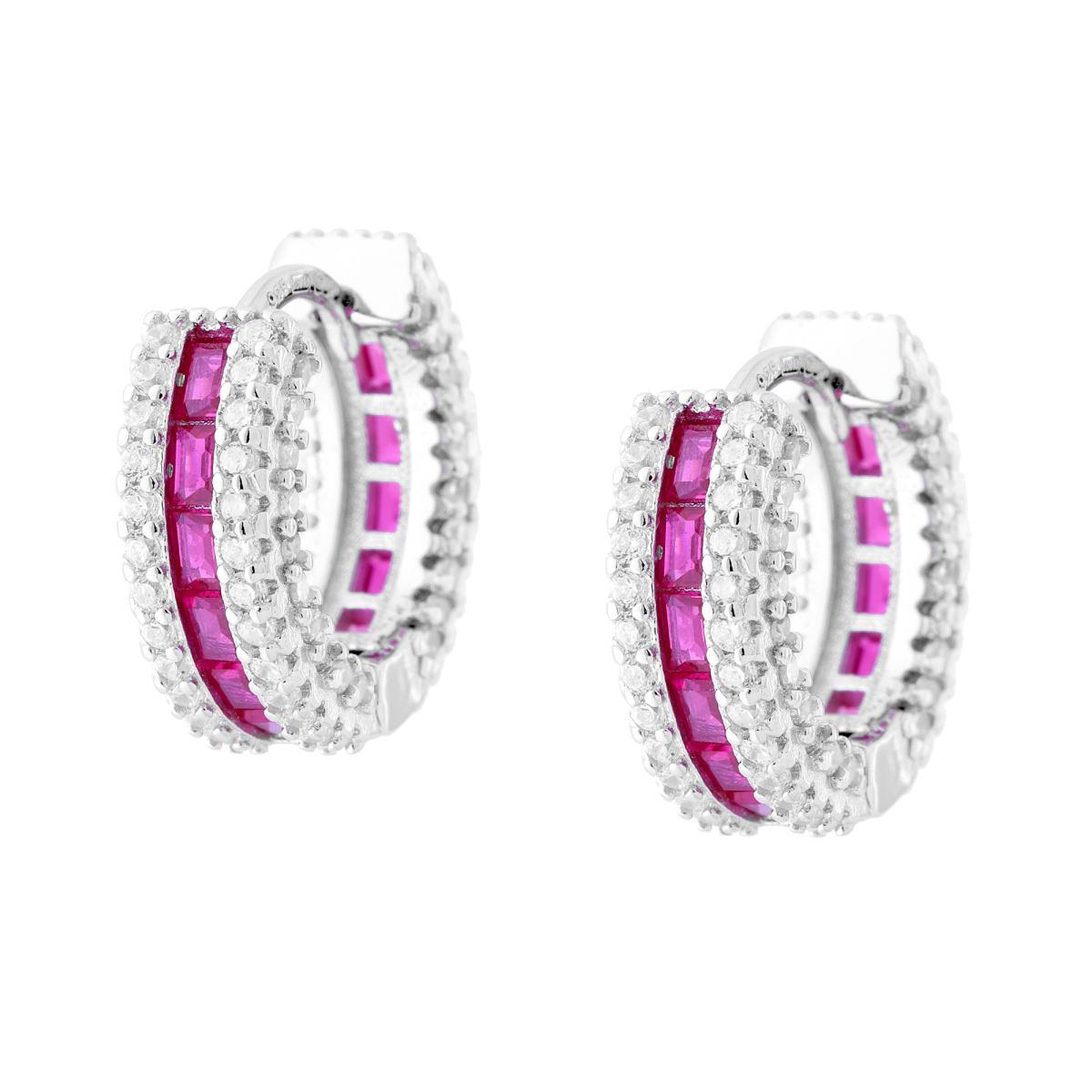 Ohrhänger Creolen aus Creola mit Steckverschluss, Cubic Zirconia Rubinrot und Weiß in 925er Silber rhodiniert - MeinSchmuckShop