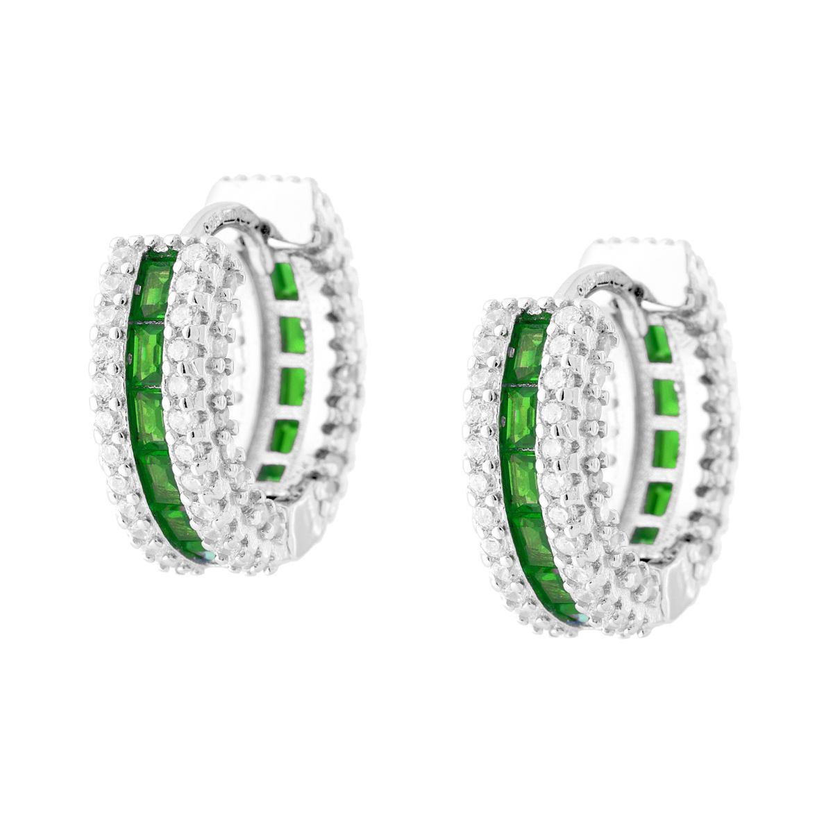Ohrhänger Creolen mit Schnappverschluss, mit grünen Smaragd- und weißen Cubic-Zirconia, aus rhodiniertem 925er Silber - MeinSchmuckShop