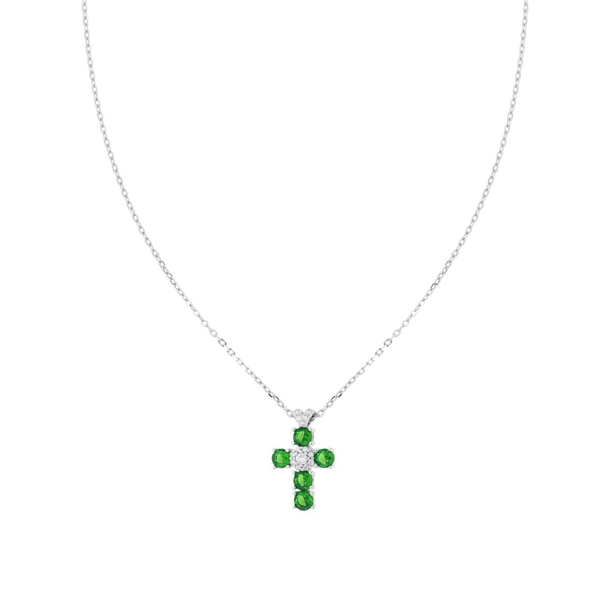Kette mit Forzatina-Gliedern, diamantiert, mit Kreuz aus Cubic Zirconia in Grün, Smaragdgrün und Weiß, aus Silber 925, galvanisch rhodiniert. - MeinSchmuckShop
