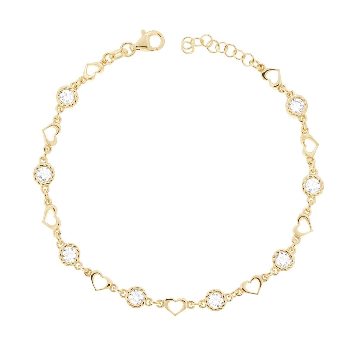 Kettenarmband mit Herzen und weißen Cubic Zirconia, aus 925er Silber, Gold galvanisiert - MeinSchmuckShop